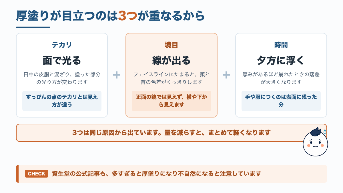 BBクリームがテカリ・境目・時間の変化で目立つ流れを示した図解