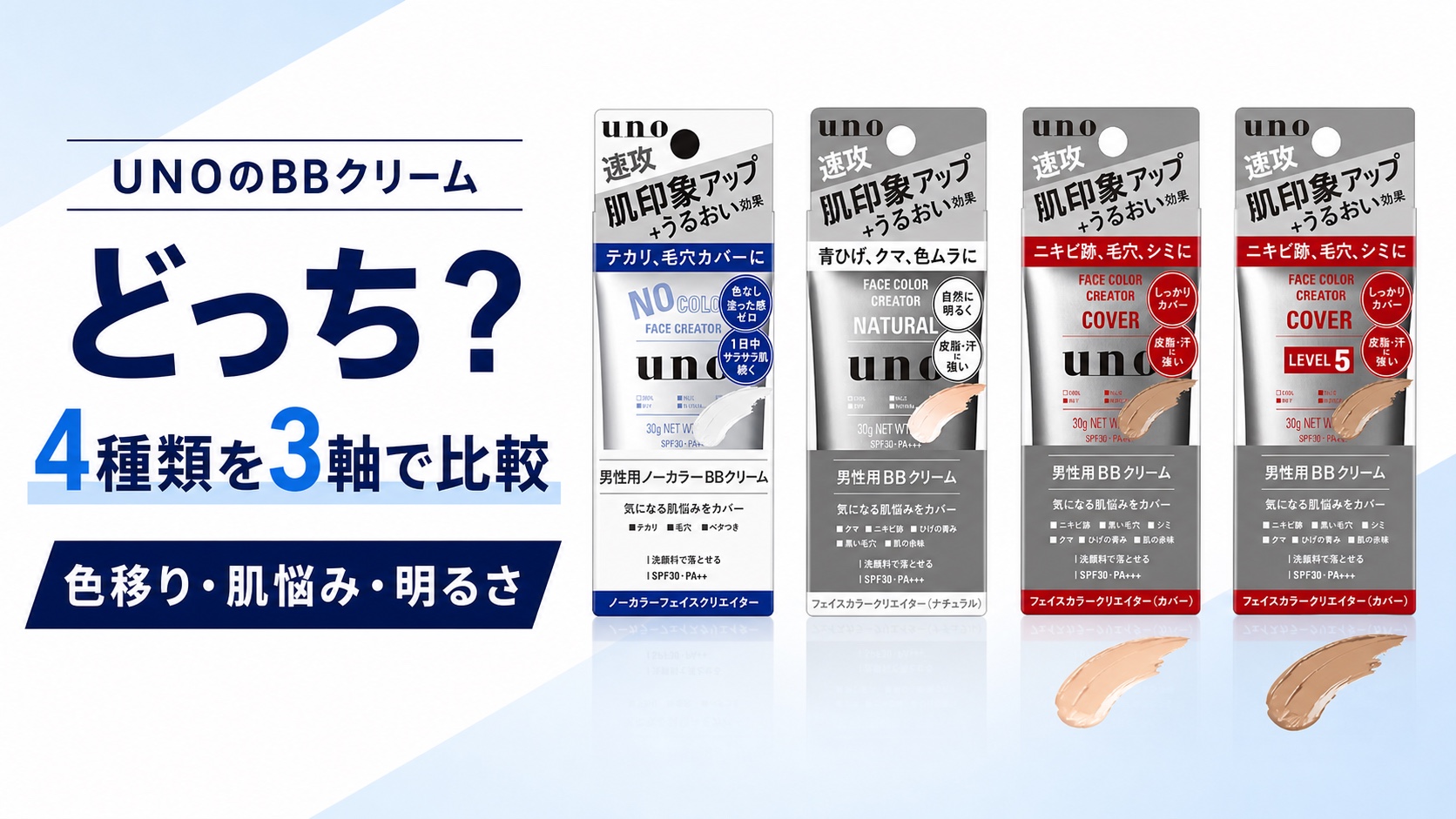UNOのBBクリームはどっち?4種類を色移り・肌悩み・明るさで比較