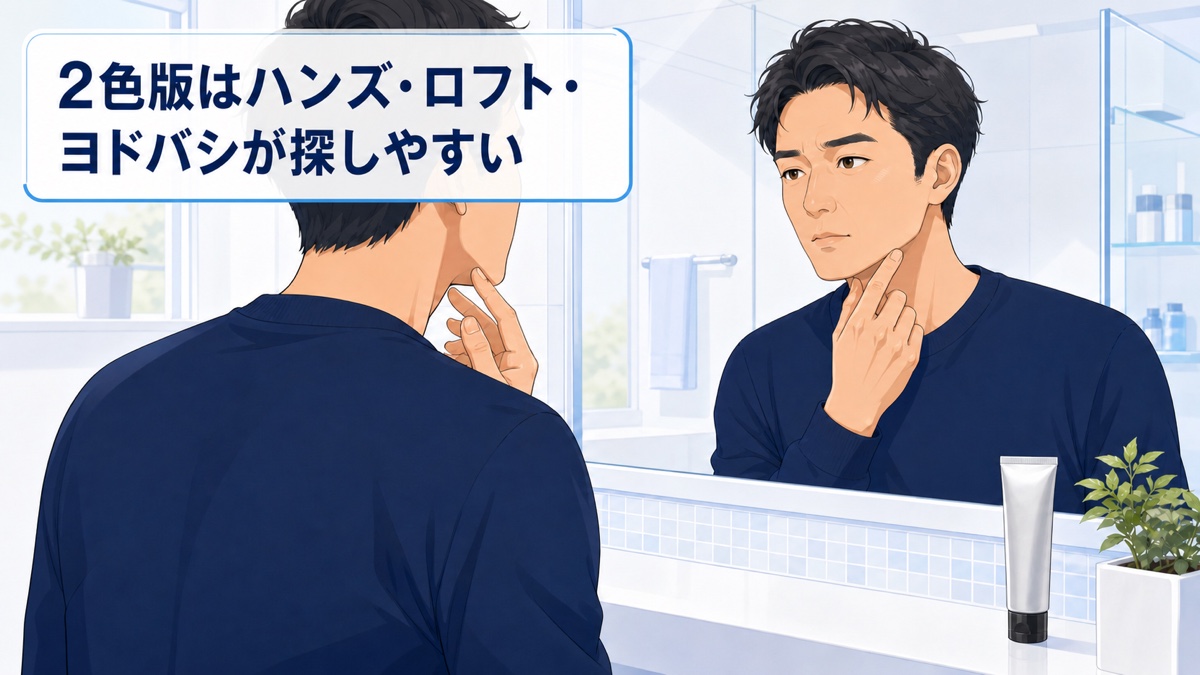鏡でBBクリームと首色の境目を確認する男性のイラスト