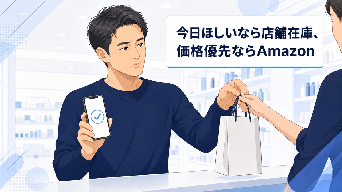 店舗在庫を確認してBBクリームを受け取る男性のイラスト